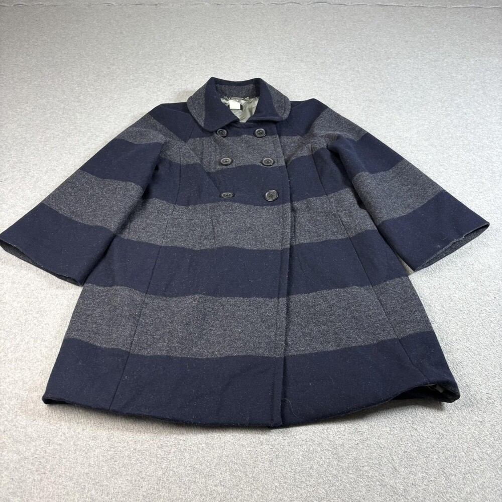 J Crew Wool Jacket Women 6 Blue Rugby Stripe 3/4 Sleeve Double Breast Heritage